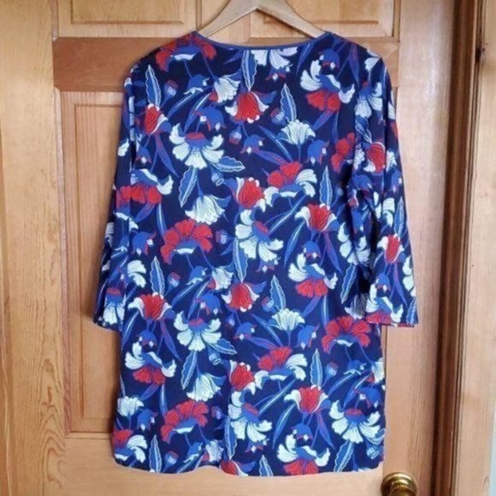 J. Crew Red, White & Blue Floral V-neck Embellished Sz. L Tunic - Picture 4 of 7